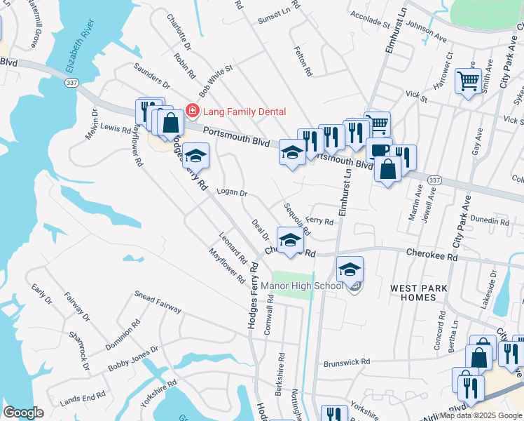 map of restaurants, bars, coffee shops, grocery stores, and more near 211 Logan Drive in Portsmouth