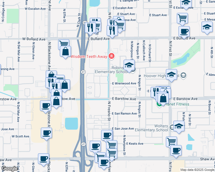 map of restaurants, bars, coffee shops, grocery stores, and more near 421 East Wrenwood Avenue in Fresno
