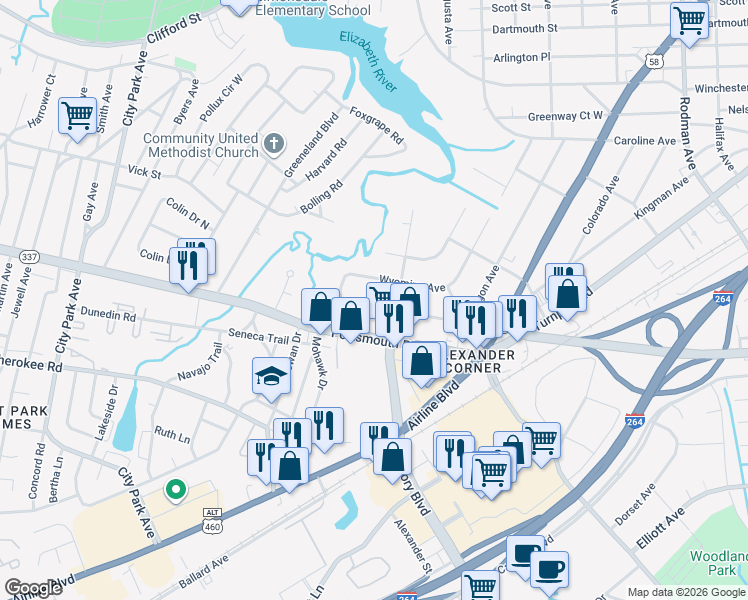 map of restaurants, bars, coffee shops, grocery stores, and more near 126 Oregon Avenue in Portsmouth