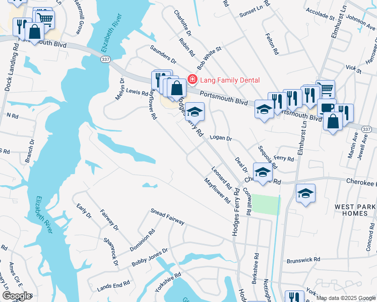 map of restaurants, bars, coffee shops, grocery stores, and more near 233 Mayflower Road in Portsmouth