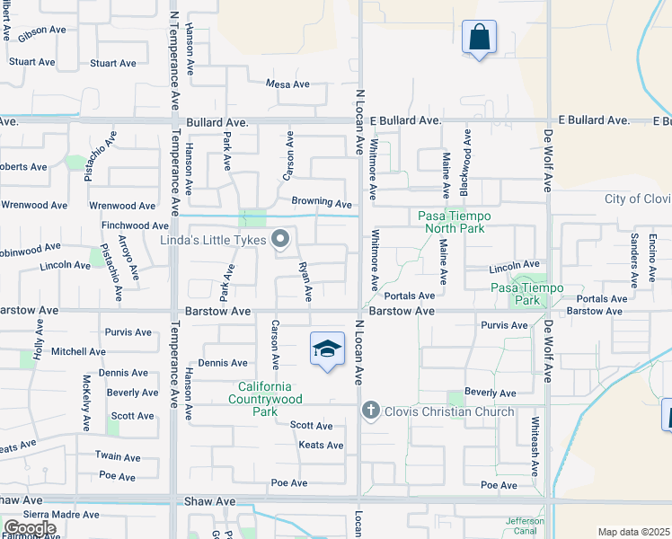 map of restaurants, bars, coffee shops, grocery stores, and more near 2966 Robinwood Avenue in Clovis