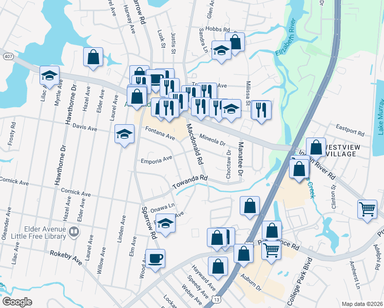 map of restaurants, bars, coffee shops, grocery stores, and more near 4328 Emporia Avenue in Chesapeake