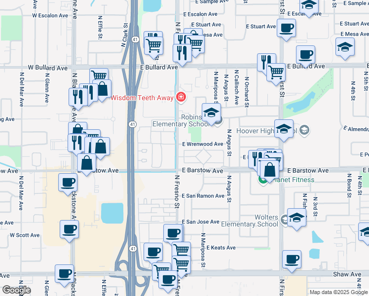 map of restaurants, bars, coffee shops, grocery stores, and more near 421 East Wrenwood Avenue in Fresno