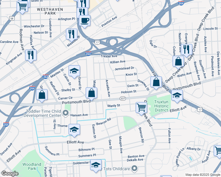 map of restaurants, bars, coffee shops, grocery stores, and more near 2813 Arcadia Avenue in Portsmouth