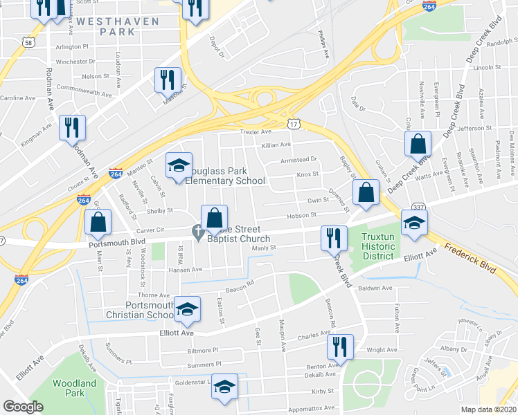 map of restaurants, bars, coffee shops, grocery stores, and more near 2813 Arcadia Avenue in Portsmouth
