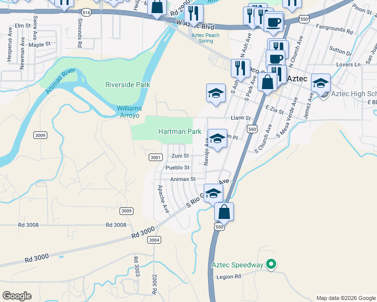 map of restaurants, bars, coffee shops, grocery stores, and more near 403 Ute Avenue in Aztec