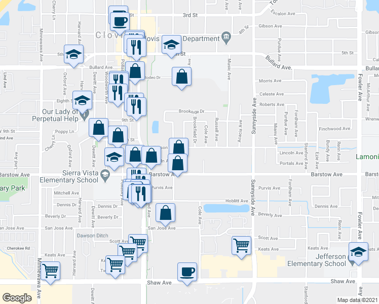 map of restaurants, bars, coffee shops, grocery stores, and more near 936 Jefferson Avenue in Clovis