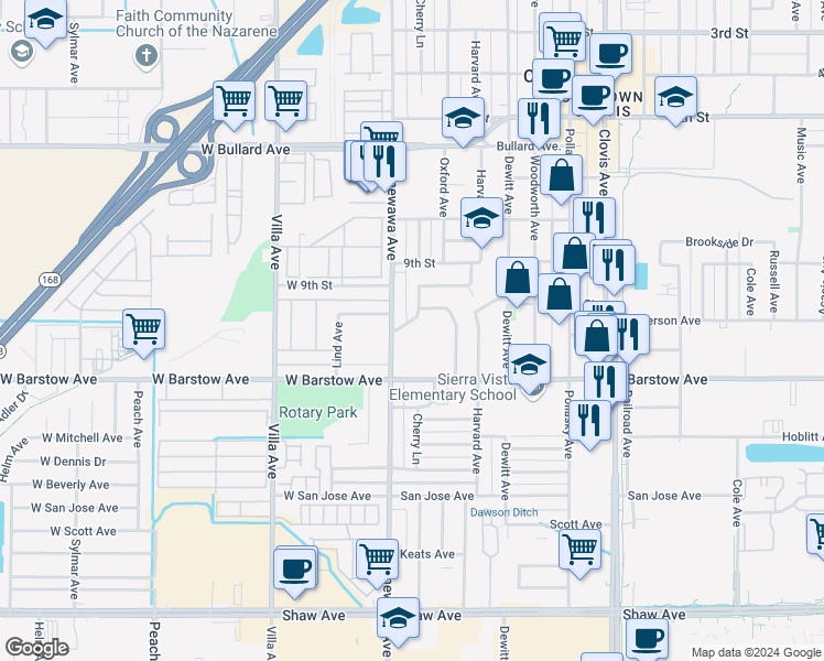 map of restaurants, bars, coffee shops, grocery stores, and more near 1023 Cherry Lane in Clovis