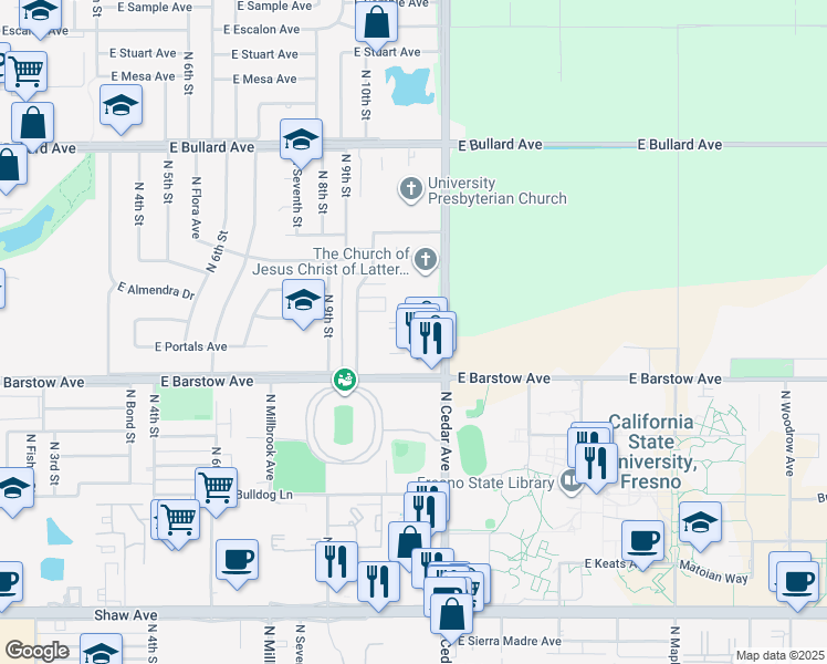 map of restaurants, bars, coffee shops, grocery stores, and more near 5469 North Cedar Avenue in Fresno