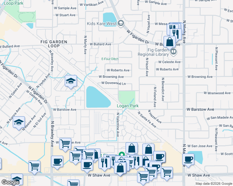 map of restaurants, bars, coffee shops, grocery stores, and more near 3382 West Wrenwood Avenue in Fresno