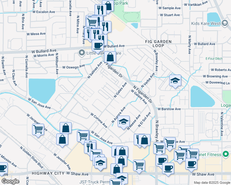 map of restaurants, bars, coffee shops, grocery stores, and more near 4303 West Pinsapo Drive in Fresno