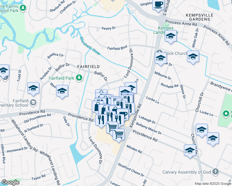 map of restaurants, bars, coffee shops, grocery stores, and more near 5210 Calico Court in Virginia Beach