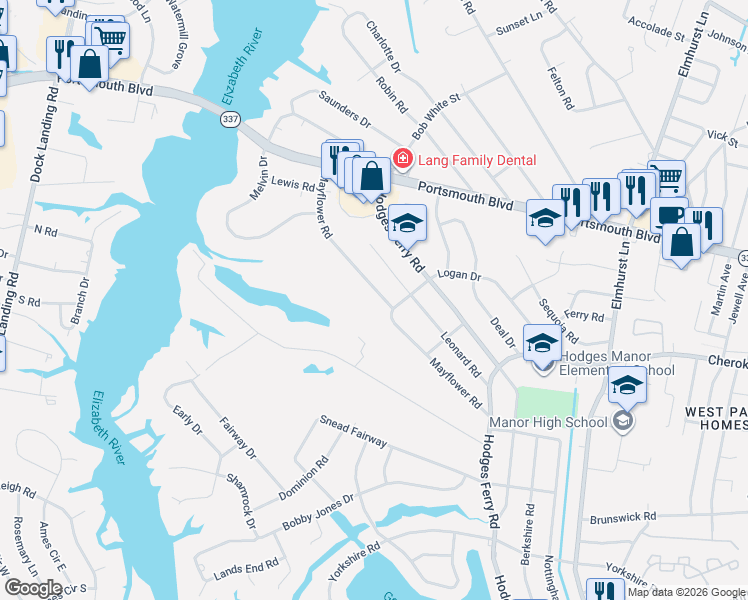 map of restaurants, bars, coffee shops, grocery stores, and more near 222 Mayflower Road in Portsmouth