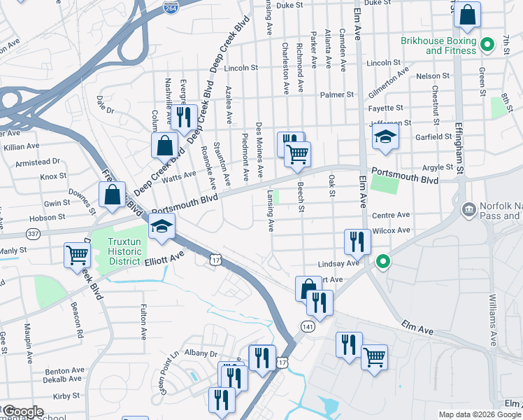 map of restaurants, bars, coffee shops, grocery stores, and more near 1611 Summit Avenue in Portsmouth