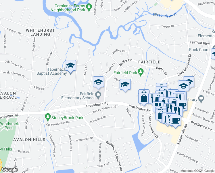 map of restaurants, bars, coffee shops, grocery stores, and more near 5413 Balfor Drive in Virginia Beach