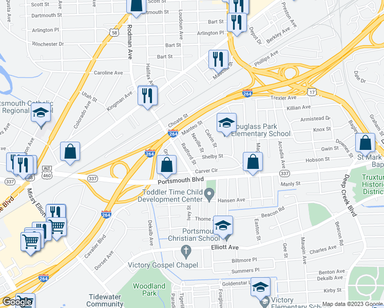 map of restaurants, bars, coffee shops, grocery stores, and more near 45 Radford Street in Portsmouth