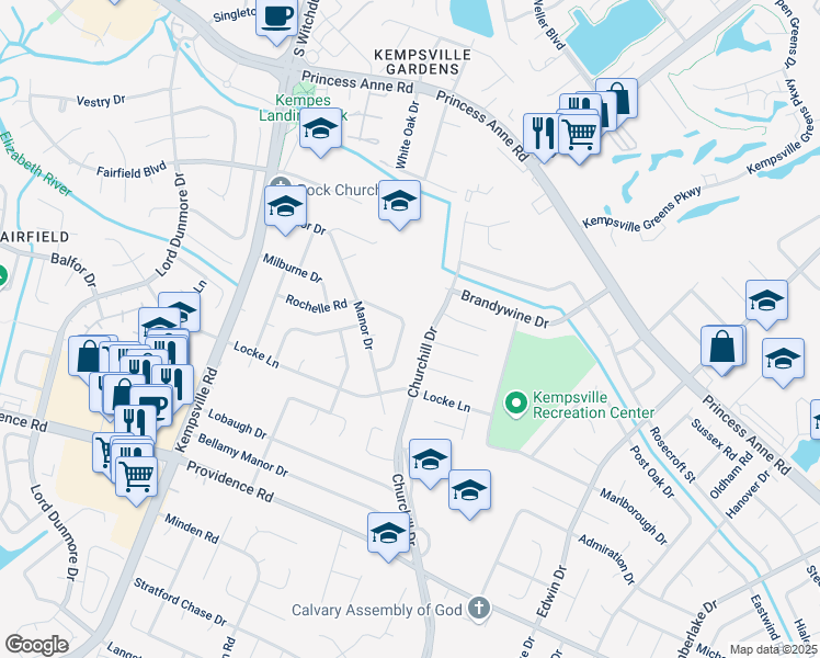 map of restaurants, bars, coffee shops, grocery stores, and more near 732 Rochelle Arch in Virginia Beach