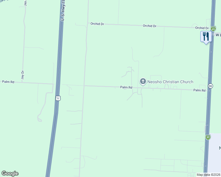 map of restaurants, bars, coffee shops, grocery stores, and more near 13001-13077 Palm Road in Neosho