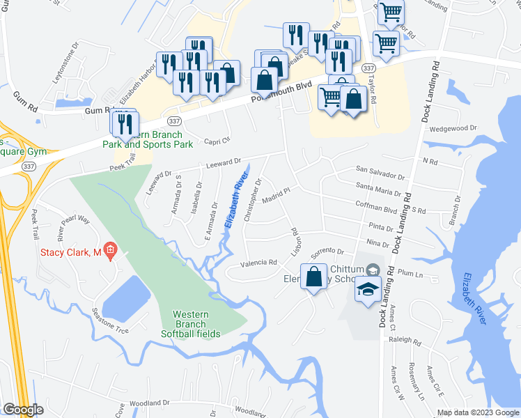 map of restaurants, bars, coffee shops, grocery stores, and more near 4225 Madrid Place in Chesapeake