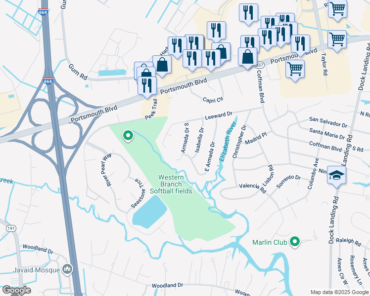 map of restaurants, bars, coffee shops, grocery stores, and more near 2160 Isabella Drive in Chesapeake