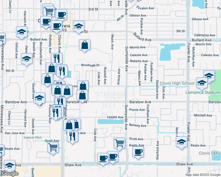 map of restaurants, bars, coffee shops, grocery stores, and more near 1142 Jefferson Avenue in Clovis
