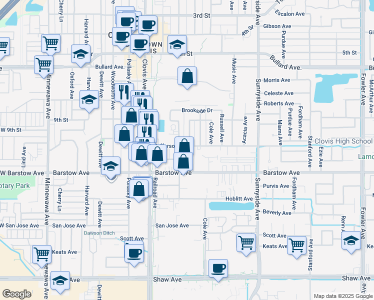 map of restaurants, bars, coffee shops, grocery stores, and more near 936 Jefferson Avenue in Clovis