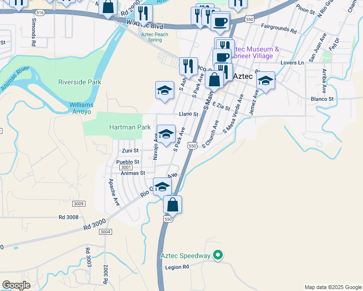 map of restaurants, bars, coffee shops, grocery stores, and more near 5146 7 8 Park Avenue in Aztec