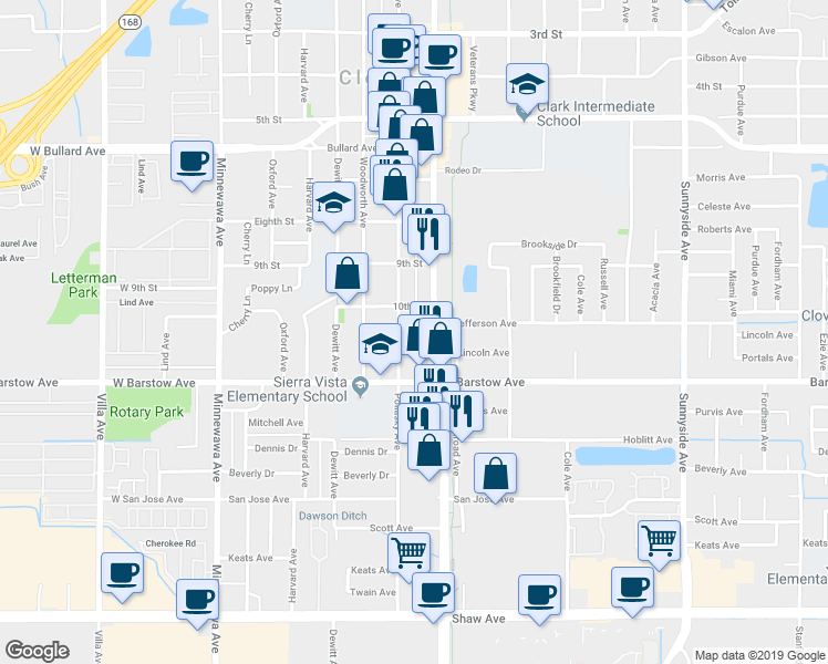 map of restaurants, bars, coffee shops, grocery stores, and more near 621 Lincoln Avenue in Clovis