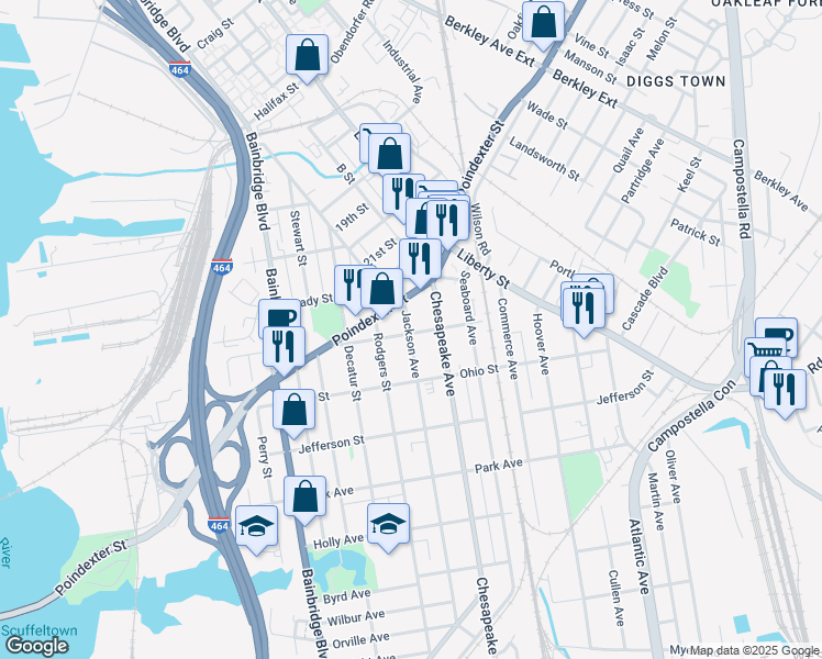 map of restaurants, bars, coffee shops, grocery stores, and more near 1025 Jackson Avenue in Chesapeake