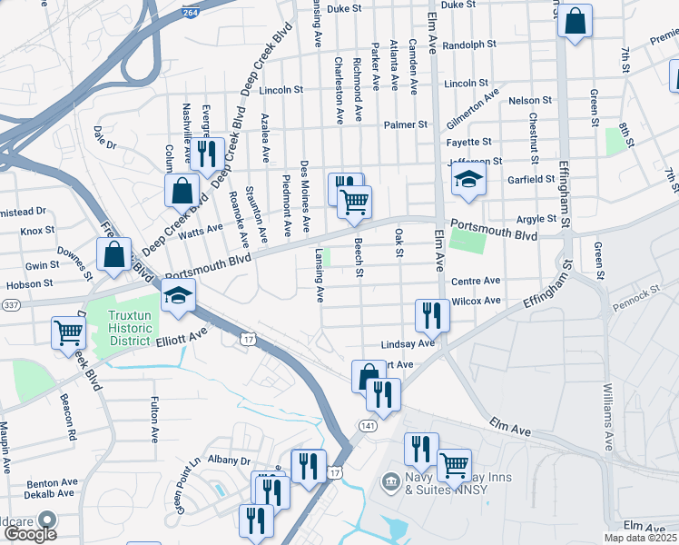 map of restaurants, bars, coffee shops, grocery stores, and more near 1523 Summit Ave in Portsmouth