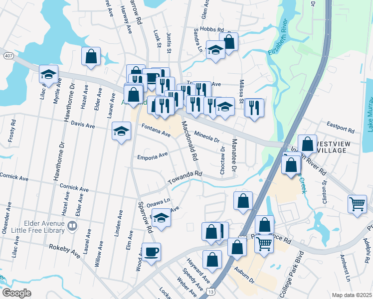 map of restaurants, bars, coffee shops, grocery stores, and more near 4326 Emporia Avenue in Chesapeake