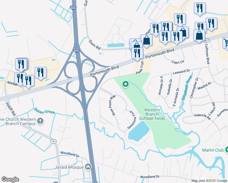 map of restaurants, bars, coffee shops, grocery stores, and more near 2102 Cyprine Cove in Chesapeake