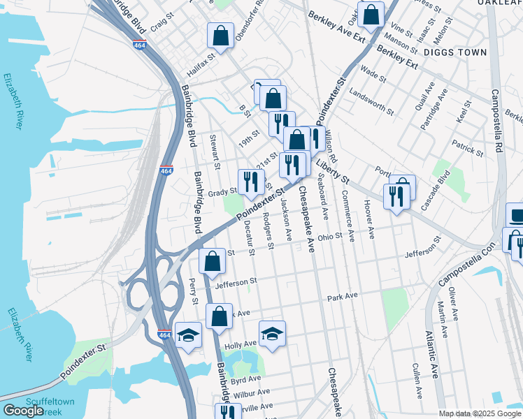 map of restaurants, bars, coffee shops, grocery stores, and more near 1116 Poindexter Street in Chesapeake