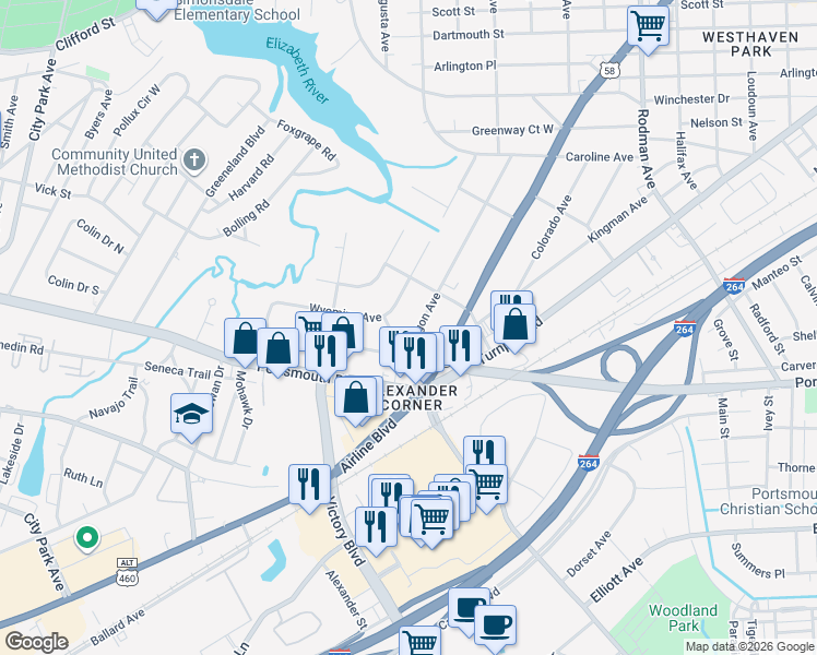 map of restaurants, bars, coffee shops, grocery stores, and more near 92 Oregon Avenue in Portsmouth
