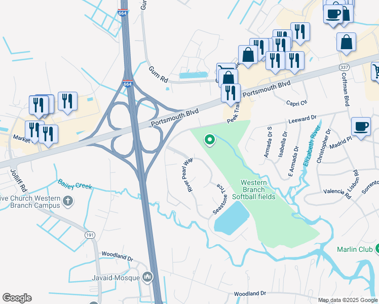 map of restaurants, bars, coffee shops, grocery stores, and more near 2102 Cyprine Cove in Chesapeake