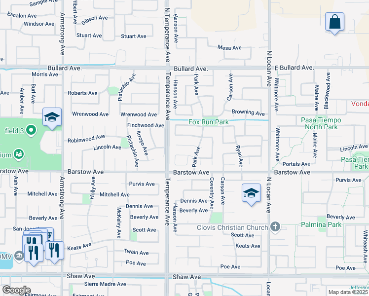 map of restaurants, bars, coffee shops, grocery stores, and more near 2646 Robinwood Avenue in Clovis