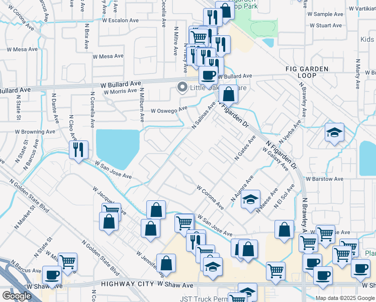 map of restaurants, bars, coffee shops, grocery stores, and more near 4443 West Avalon Avenue in Fresno