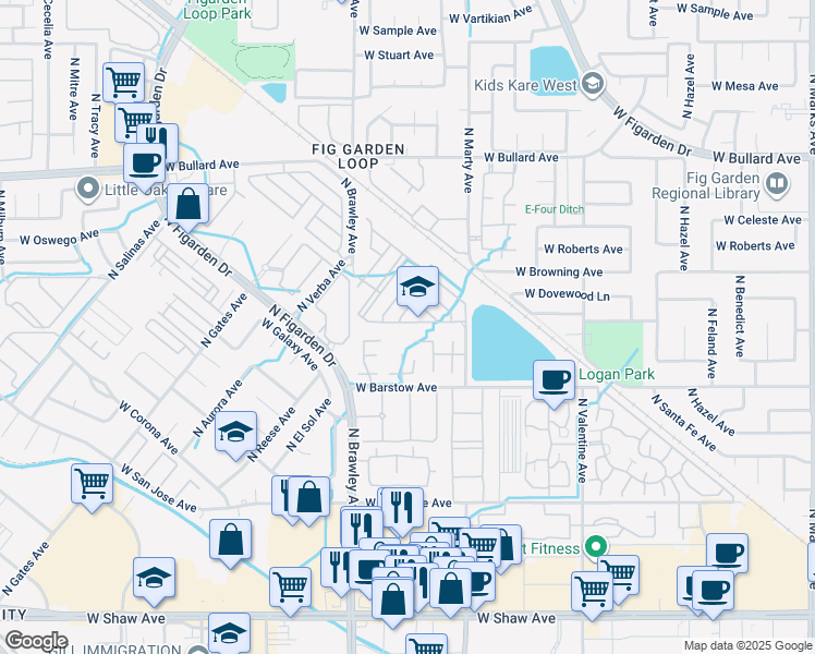 map of restaurants, bars, coffee shops, grocery stores, and more near 3687 West Pomegranate Lane in Fresno