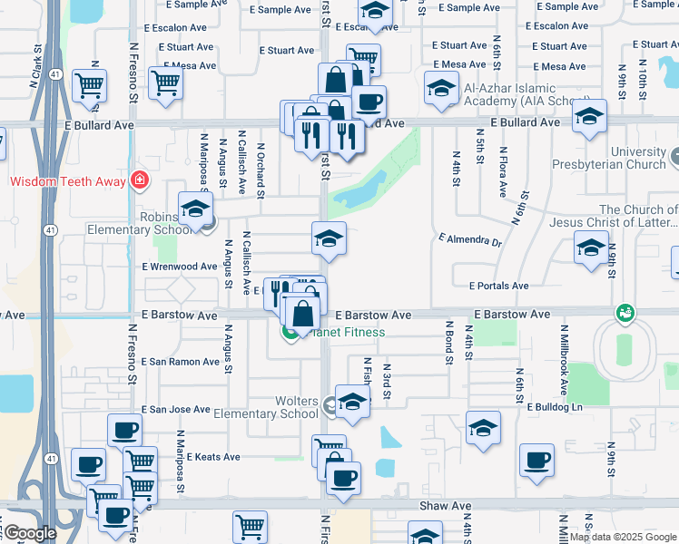 map of restaurants, bars, coffee shops, grocery stores, and more near 5550 North First Street in Fresno