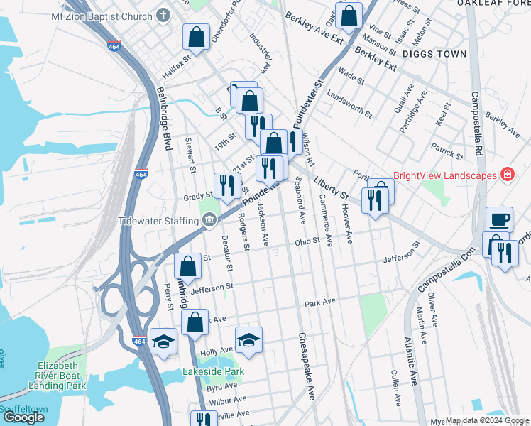 map of restaurants, bars, coffee shops, grocery stores, and more near 1035 Jackson Avenue in Chesapeake