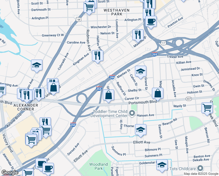 map of restaurants, bars, coffee shops, grocery stores, and more near 39 Grove Street in Portsmouth
