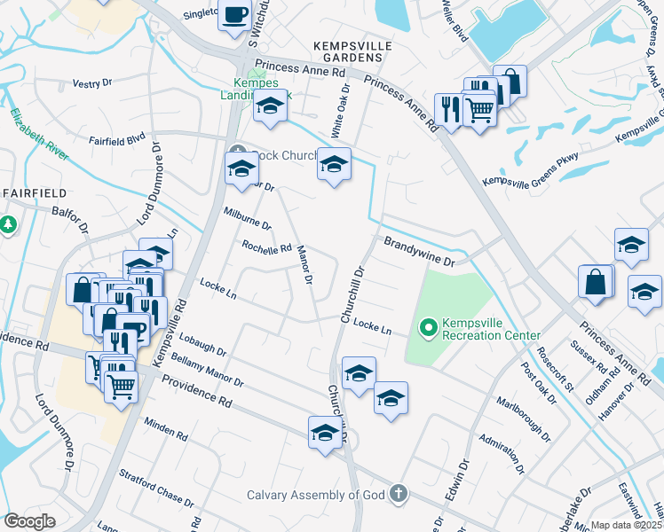 map of restaurants, bars, coffee shops, grocery stores, and more near 732 Rochelle Arch in Virginia Beach