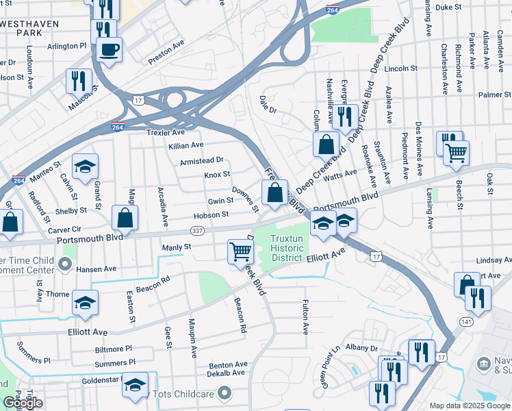 map of restaurants, bars, coffee shops, grocery stores, and more near 21 Dewey Street in Portsmouth