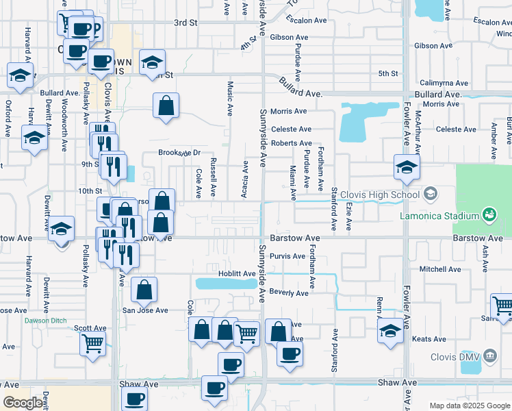 map of restaurants, bars, coffee shops, grocery stores, and more near in Clovis