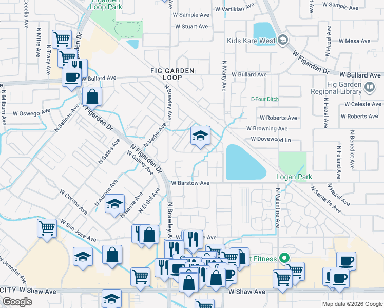 map of restaurants, bars, coffee shops, grocery stores, and more near 3687 West Pomegranate Lane in Fresno