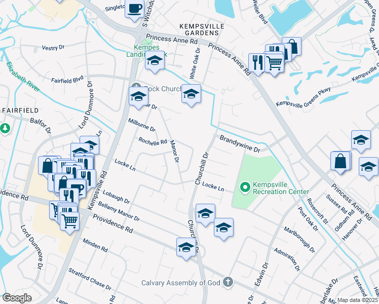 map of restaurants, bars, coffee shops, grocery stores, and more near 732 Rochelle Arch in Virginia Beach