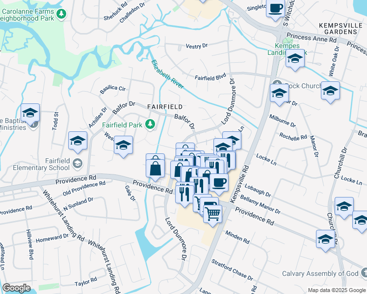map of restaurants, bars, coffee shops, grocery stores, and more near 693 Lord Dunmore Drive in Virginia Beach