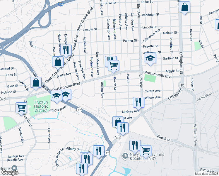 map of restaurants, bars, coffee shops, grocery stores, and more near 1523 Summit Avenue in Portsmouth