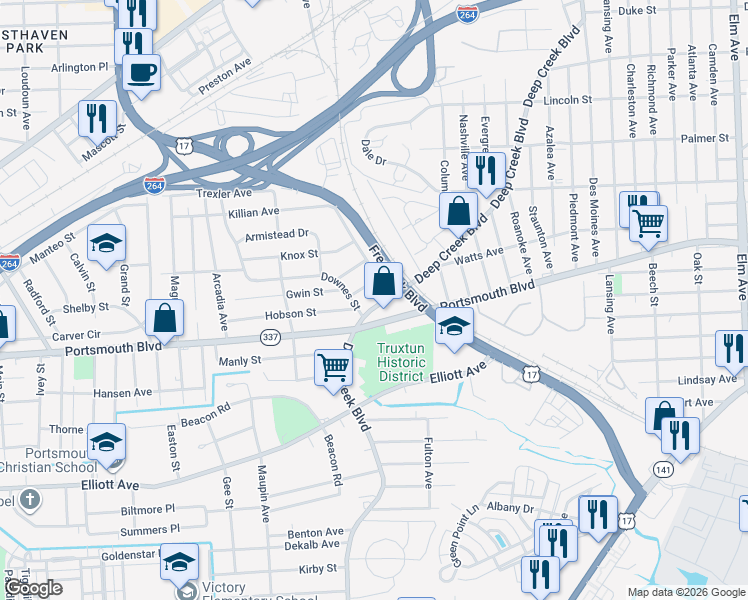map of restaurants, bars, coffee shops, grocery stores, and more near 3100 Deep Creek Boulevard in Portsmouth