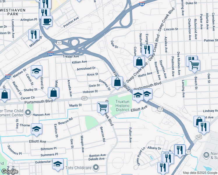 map of restaurants, bars, coffee shops, grocery stores, and more near 21 Dewey Street in Portsmouth